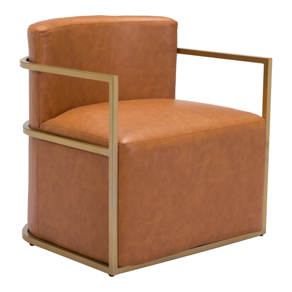 27" Brown And Gold Faux Leather And Faux Leather Arm Chair