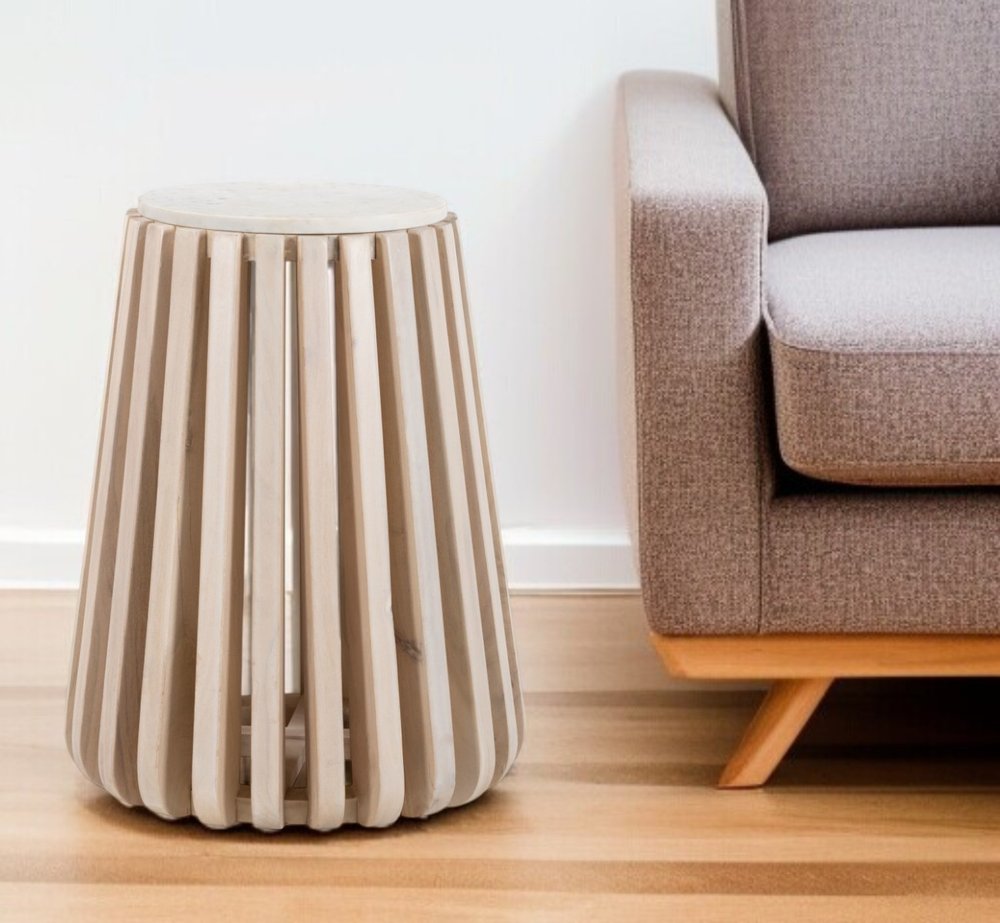 23" White and Natural Distressed Marble and Wood Round Drum End Table