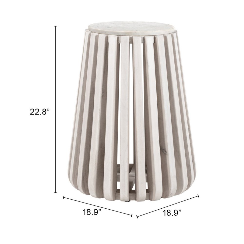 23" White and Natural Distressed Marble and Wood Round Drum End Table