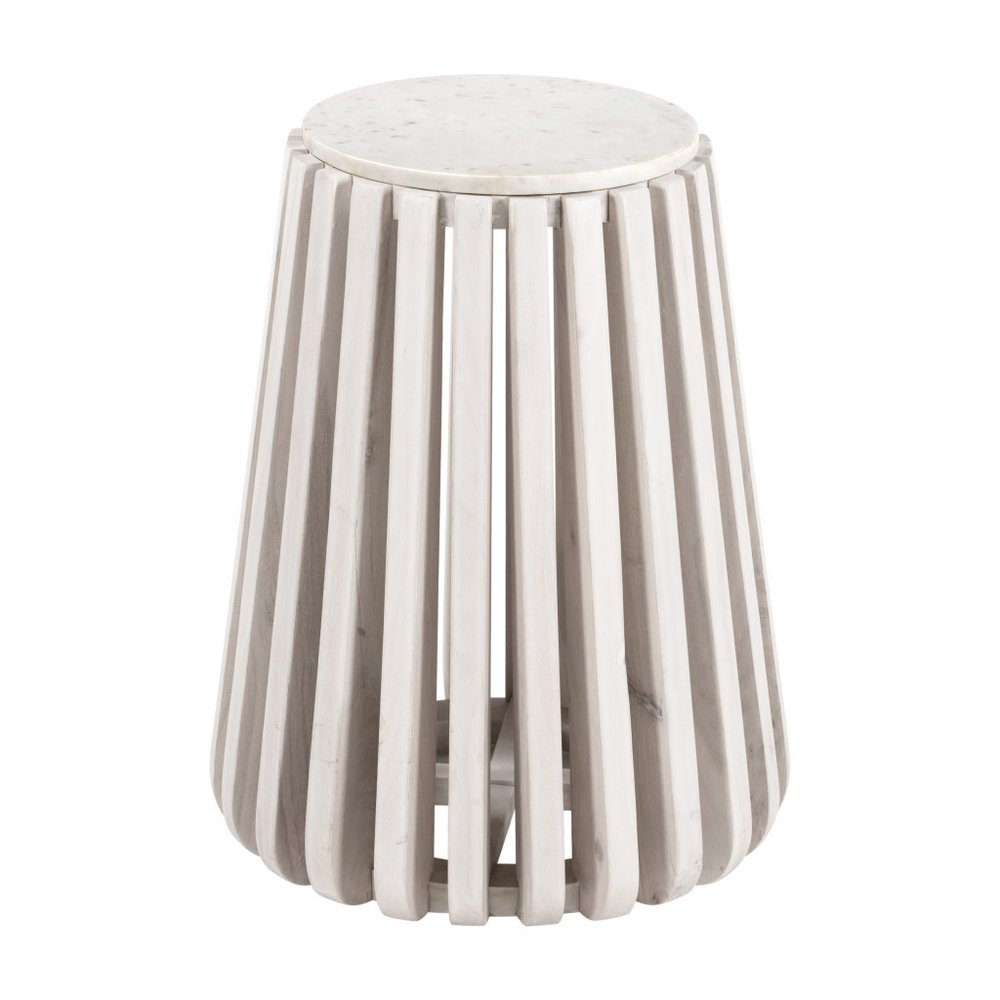 23" White and Natural Distressed Marble and Wood Round Drum End Table