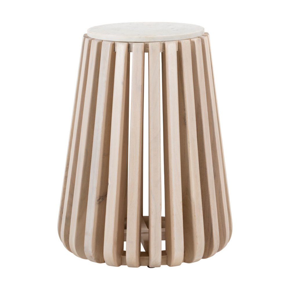 23" White and Natural Distressed Marble and Wood Round Drum End Table