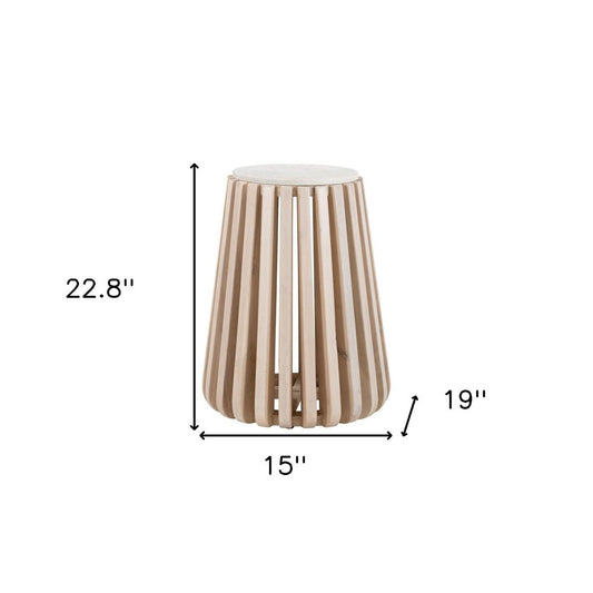 23" White and Natural Distressed Marble and Wood Round Drum End Table