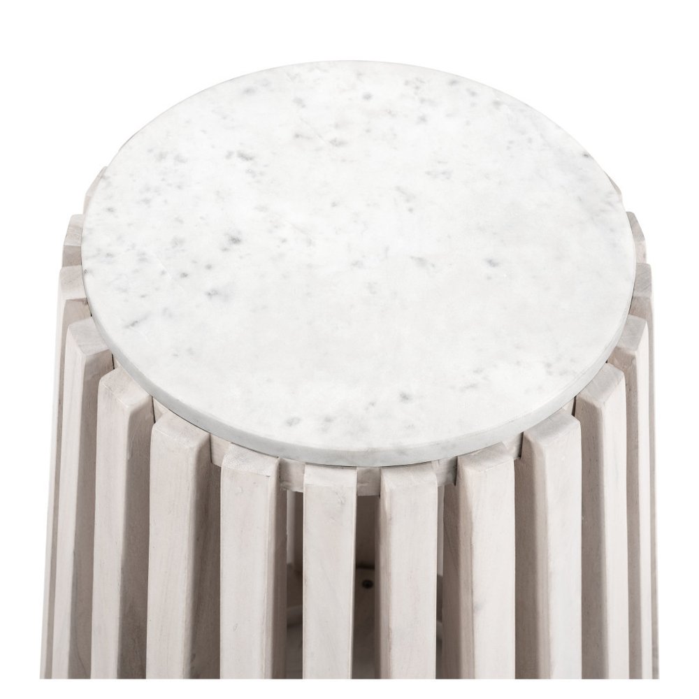 23" White and Natural Distressed Marble and Wood Round Drum End Table