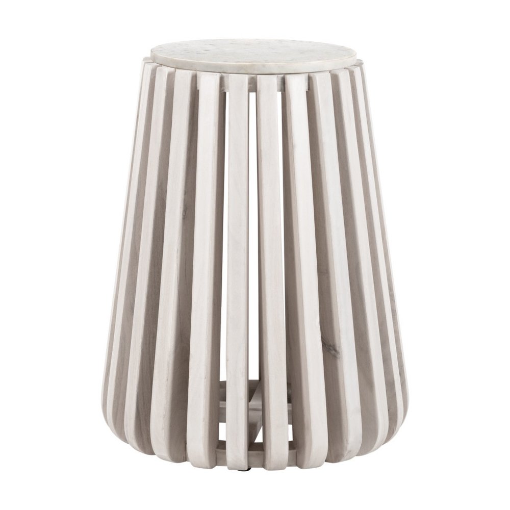 23" White and Natural Distressed Marble and Wood Round Drum End Table