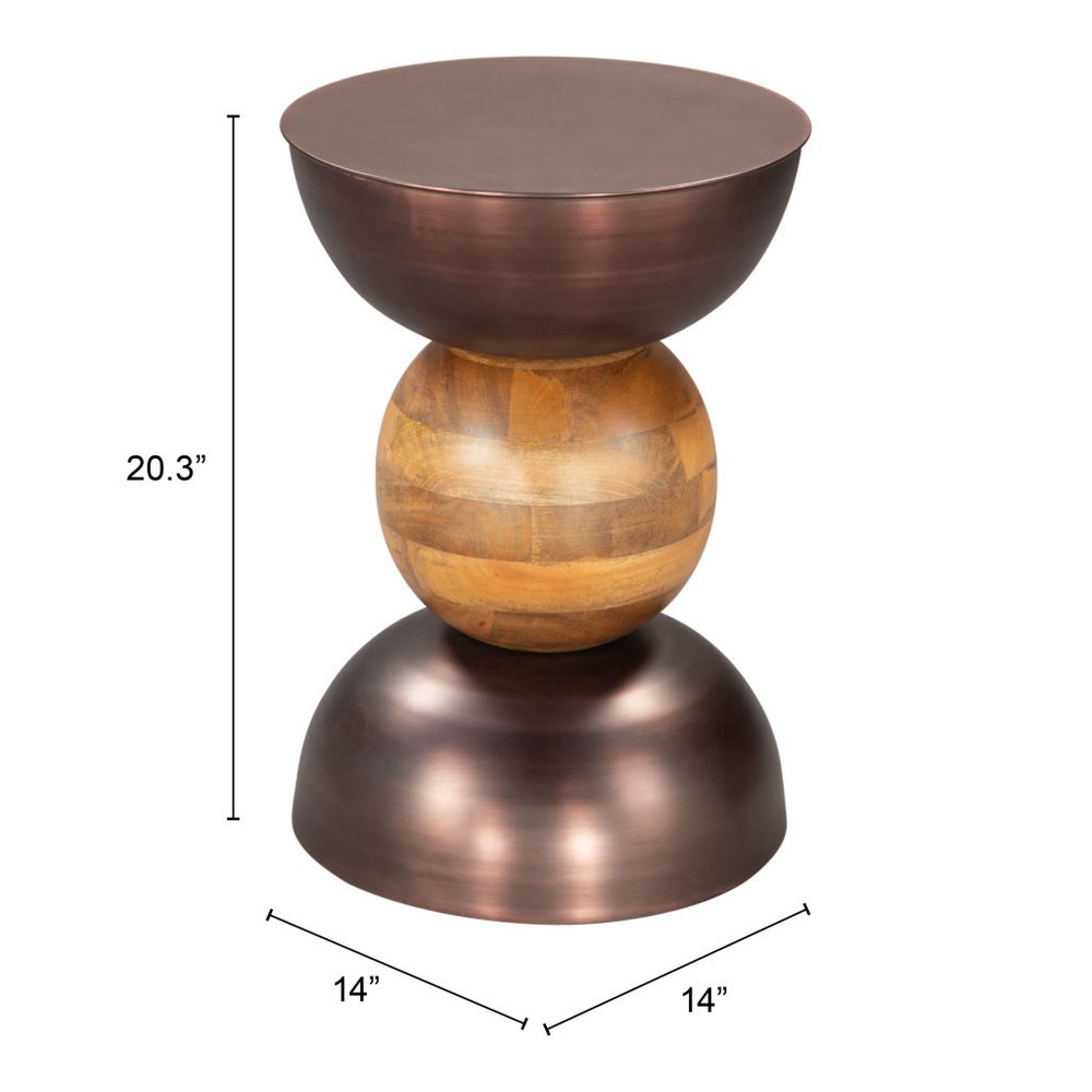20" Bronze and Brown Iron and Solid Wood Round Pedestal End Table