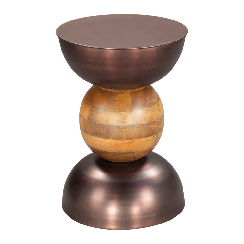 20" Bronze and Brown Iron and Solid Wood Round Pedestal End Table