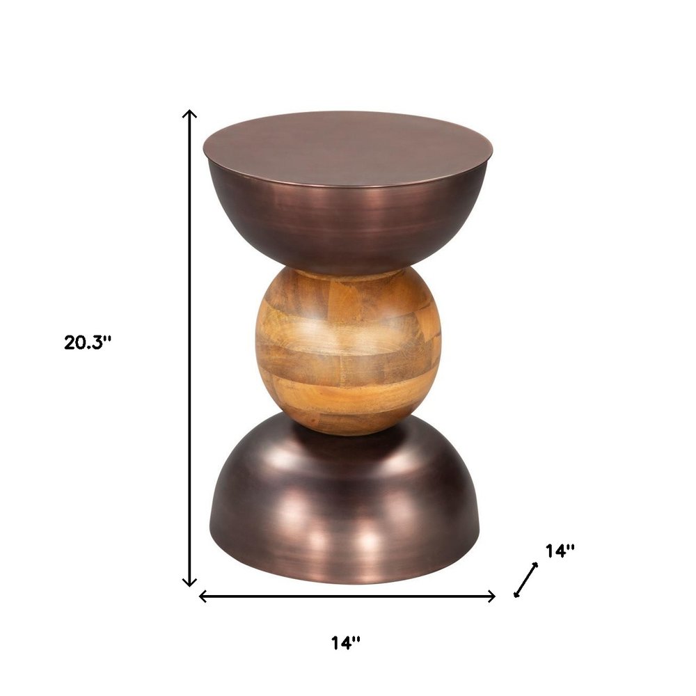 20" Bronze and Brown Iron and Solid Wood Round Pedestal End Table