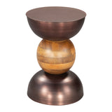 20" Bronze and Brown Iron and Solid Wood Round Pedestal End Table