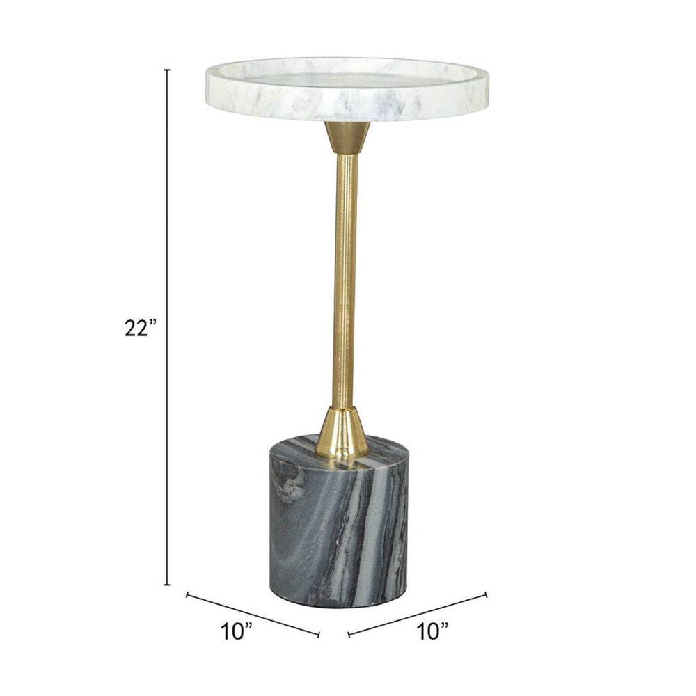 22" Gold Gray And White Marble And Iron Round Pedestal End Table