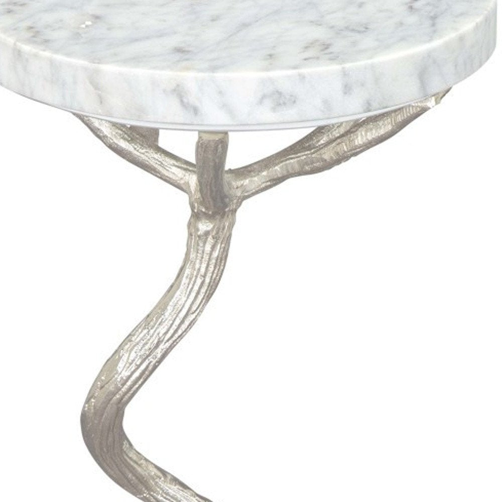 22" Silver And White Marble Round End Table