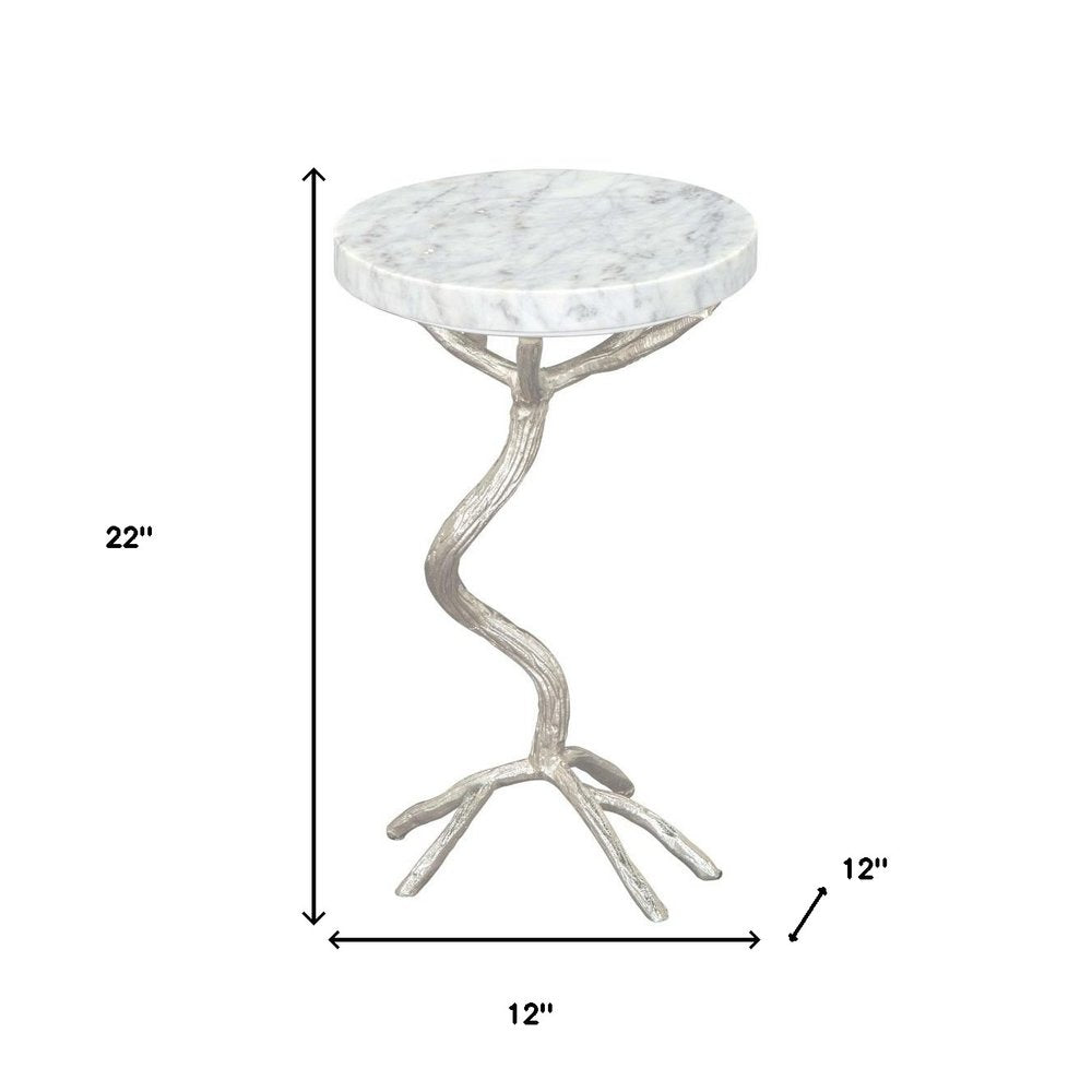 22" Silver And White Marble Round End Table
