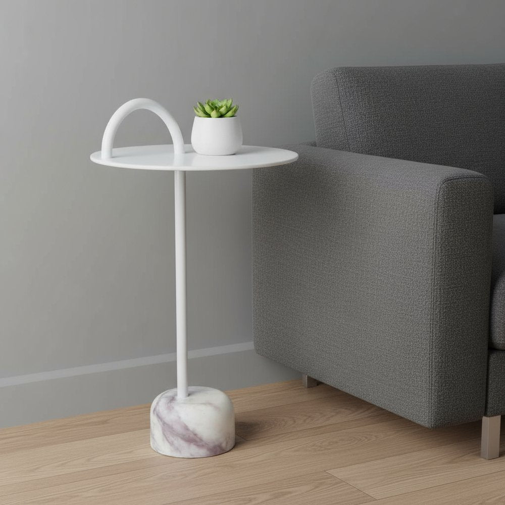 25" White Iron And Marble Round Pedestal End Table