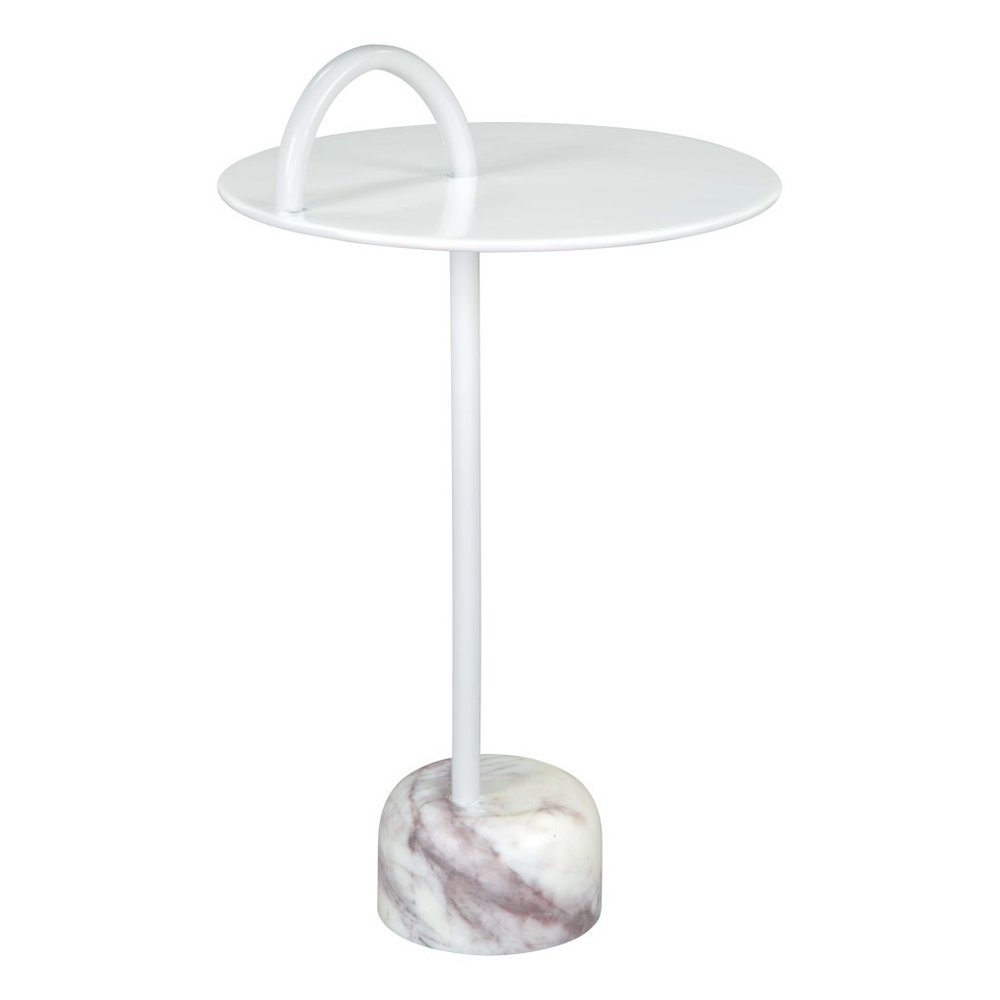 25" White Iron And Marble Round Pedestal End Table