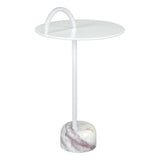25" White Iron And Marble Round Pedestal End Table