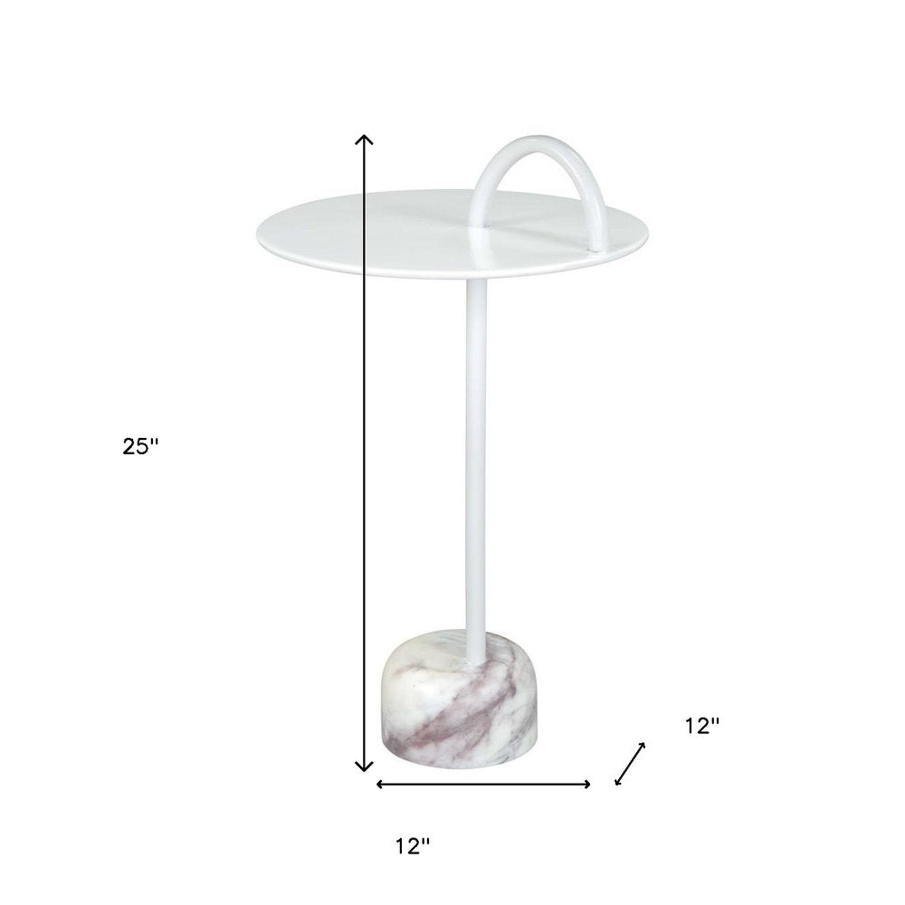 25" White Iron And Marble Round Pedestal End Table