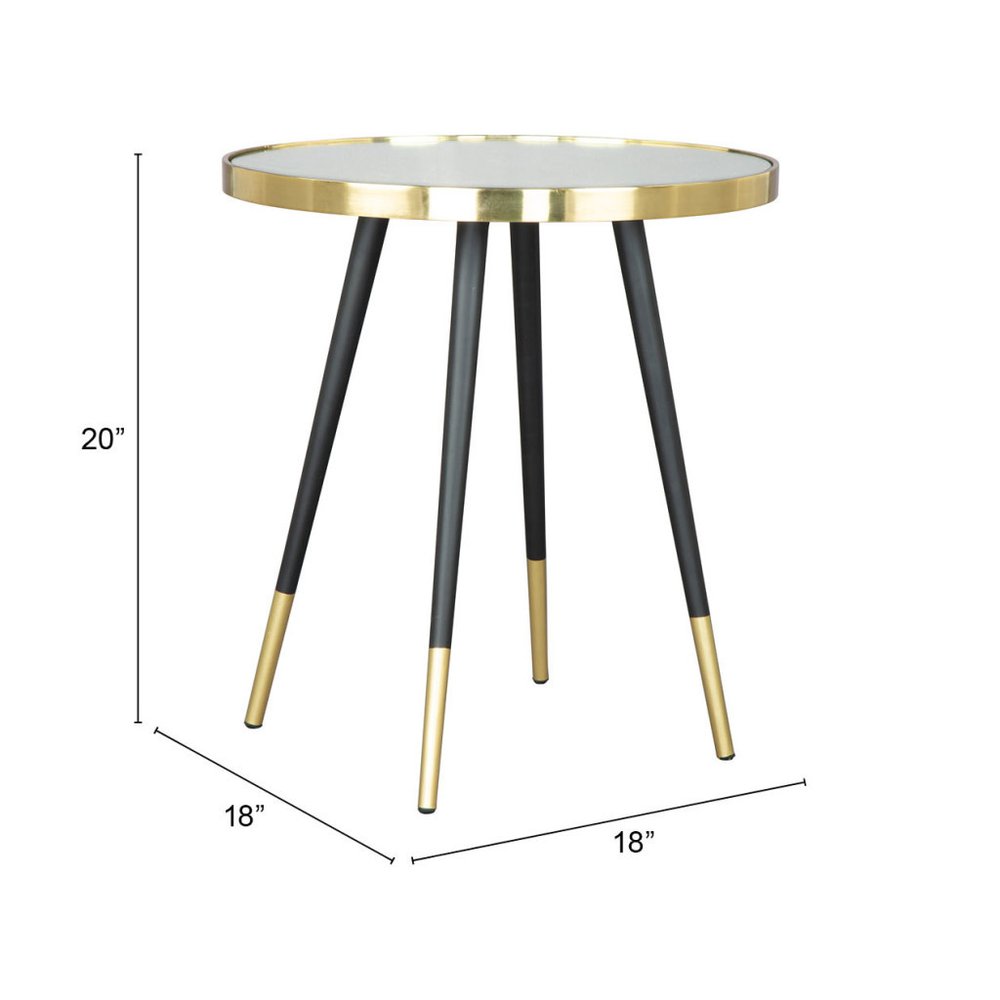 20" Gold and Black Mirrored Glass and Iron Round End Table