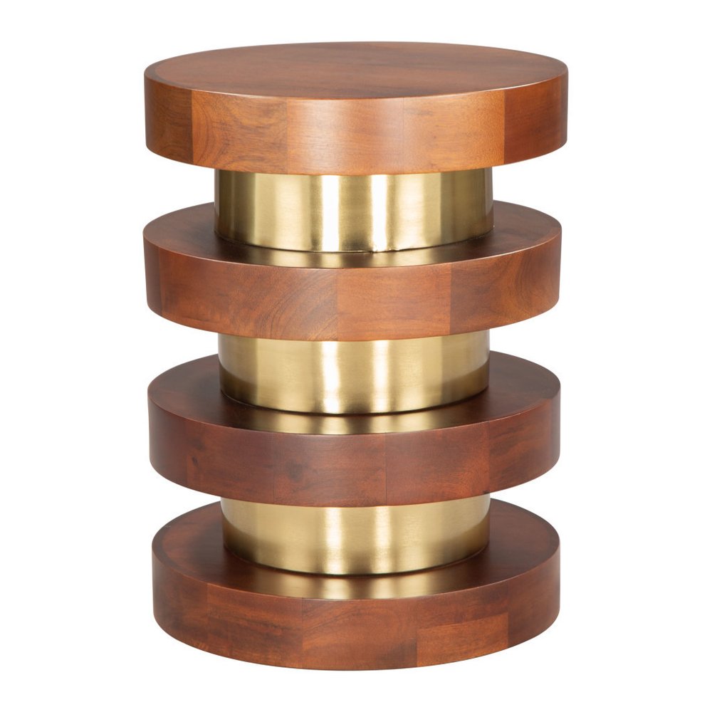 20" Brown and Gold Solid Wood and Iron Round Pedestal End Table