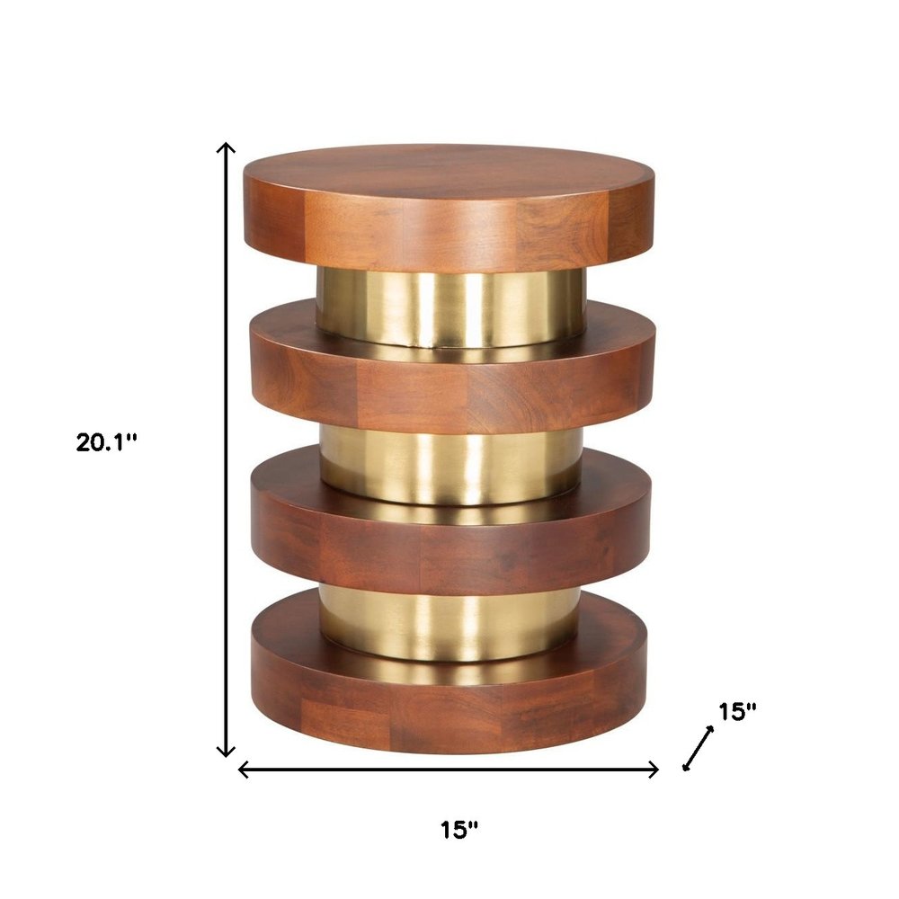 20" Brown and Gold Solid Wood and Iron Round Pedestal End Table