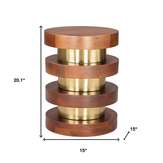 20" Brown and Gold Solid Wood and Iron Round Pedestal End Table