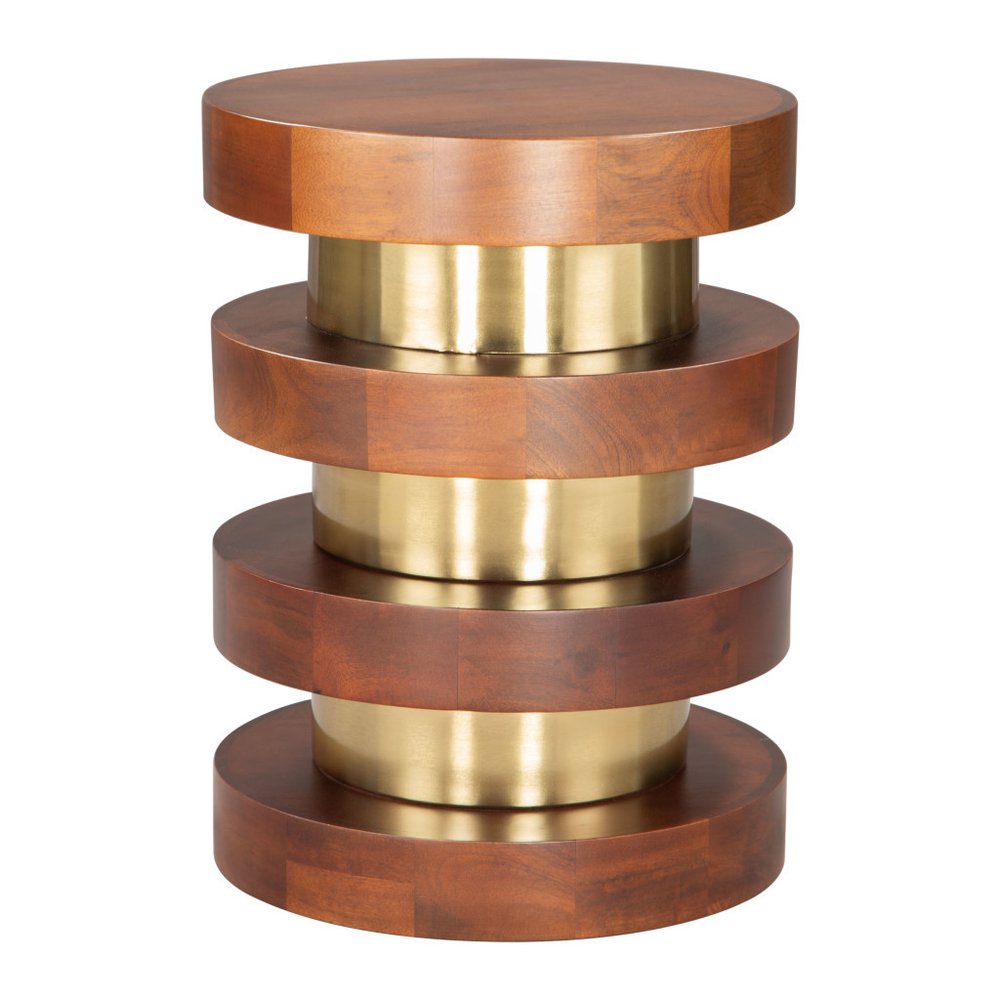 20" Brown and Gold Solid Wood and Iron Round Pedestal End Table