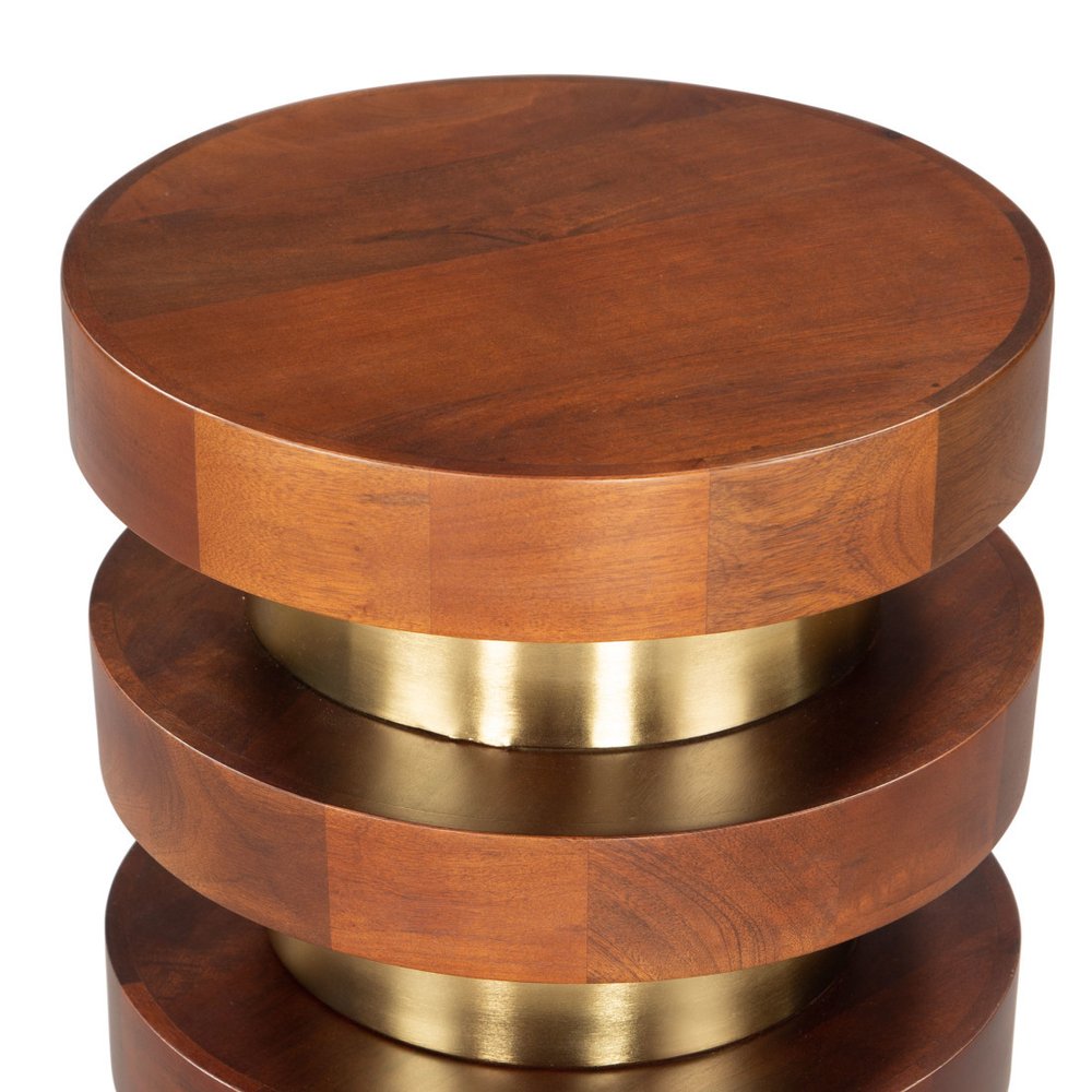 20" Brown and Gold Solid Wood and Iron Round Pedestal End Table
