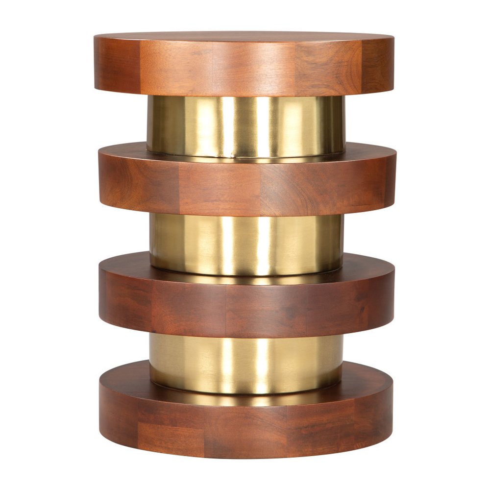 20" Brown and Gold Solid Wood and Iron Round Pedestal End Table