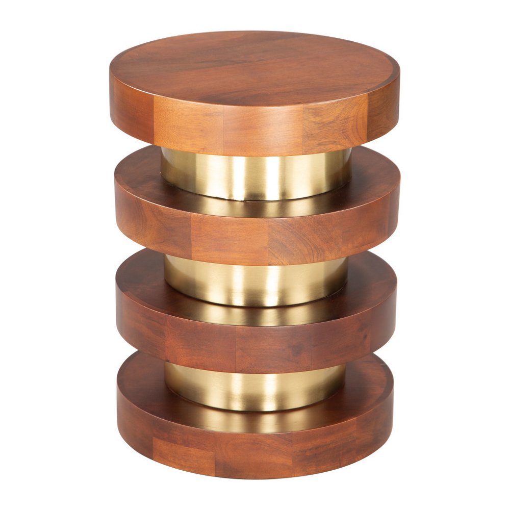 20" Brown and Gold Solid Wood and Iron Round Pedestal End Table