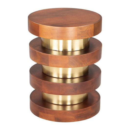 20" Brown and Gold Solid Wood and Iron Round Pedestal End Table