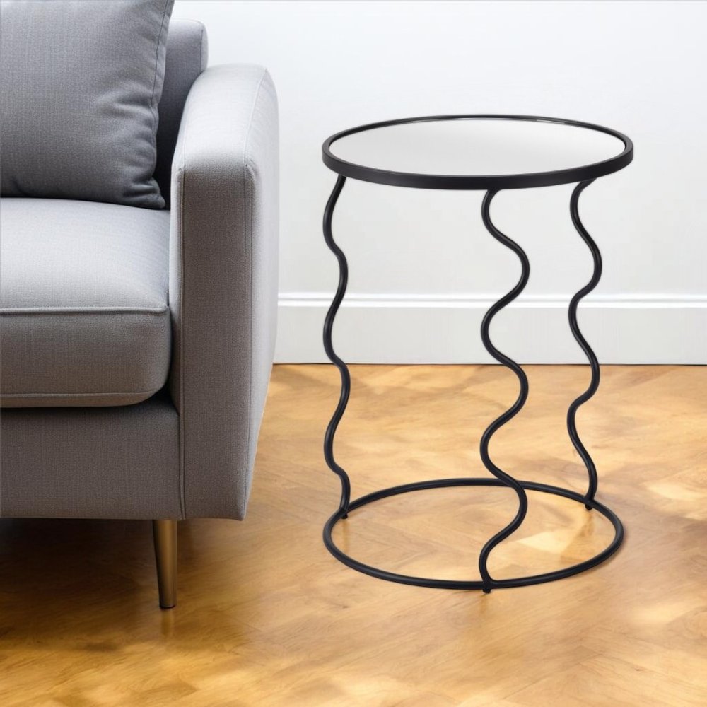 24" Black Mirrored Glass and Steel Round Abstract End Table