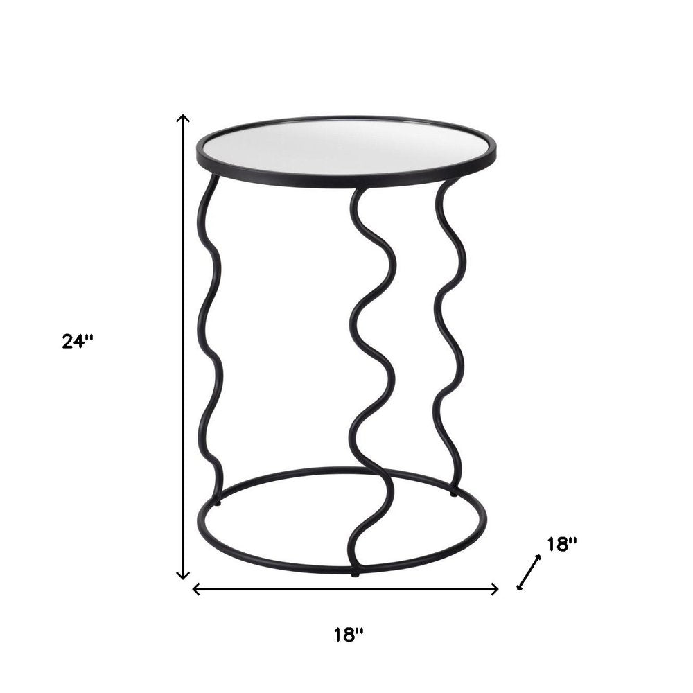 24" Black Mirrored Glass and Steel Round Abstract End Table