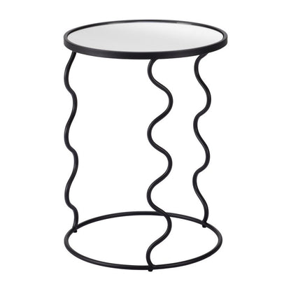 24" Black Mirrored Glass and Steel Round Abstract End Table