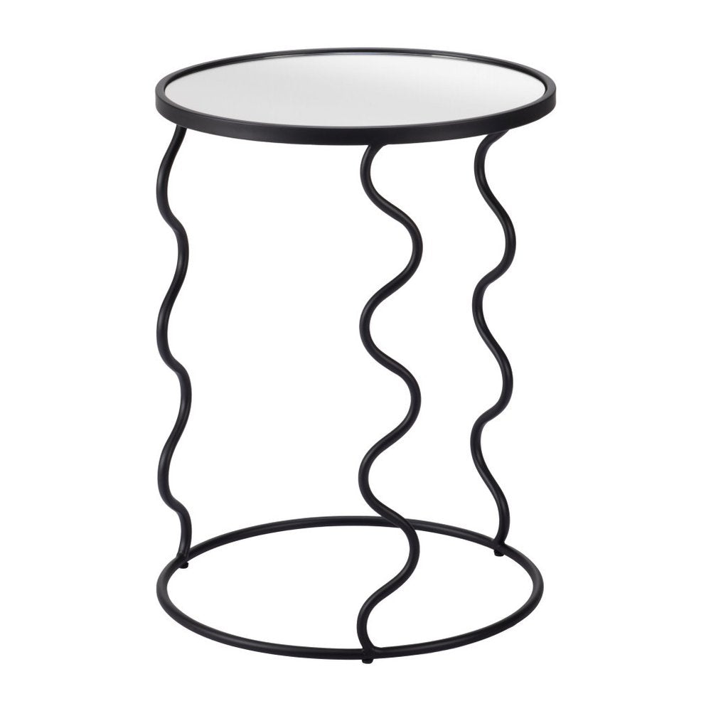 24" Black Mirrored Glass and Steel Round Abstract End Table