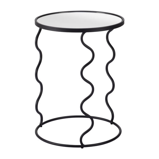 24" Black Mirrored Glass and Steel Round Abstract End Table
