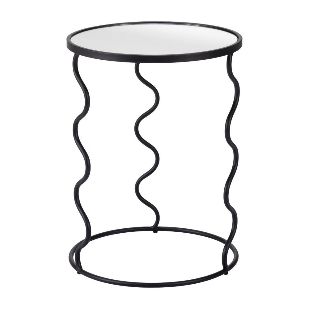 24" Black Mirrored Glass and Steel Round Abstract End Table