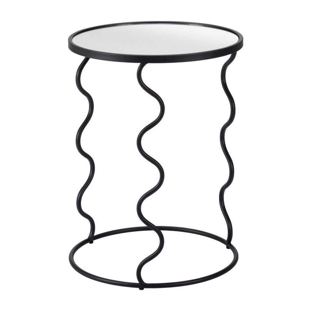 24" Black Mirrored Glass and Steel Round Abstract End Table