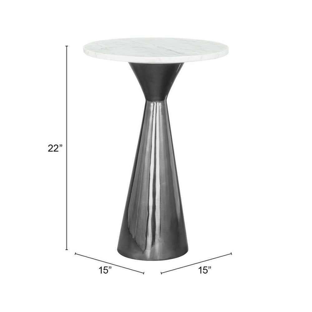23" White And Black Marble And Steel Round Pedestal End Table