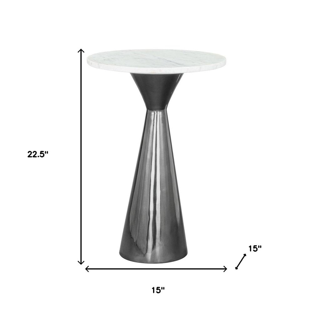 23" White And Black Marble And Steel Round Pedestal End Table