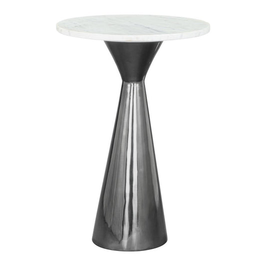 23" White And Black Marble And Steel Round Pedestal End Table