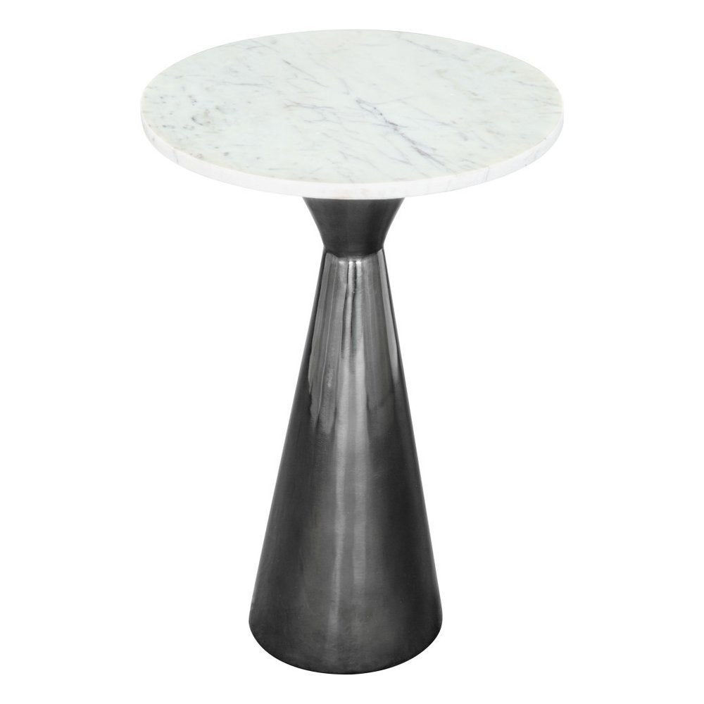 23" White And Black Marble And Steel Round Pedestal End Table