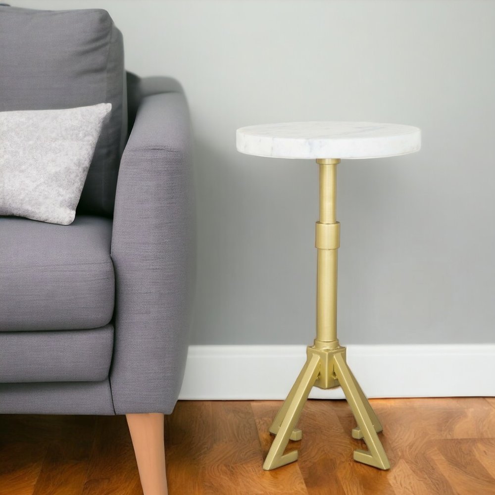 22" White And Gold Marble And Iron Round Pedestal End Table