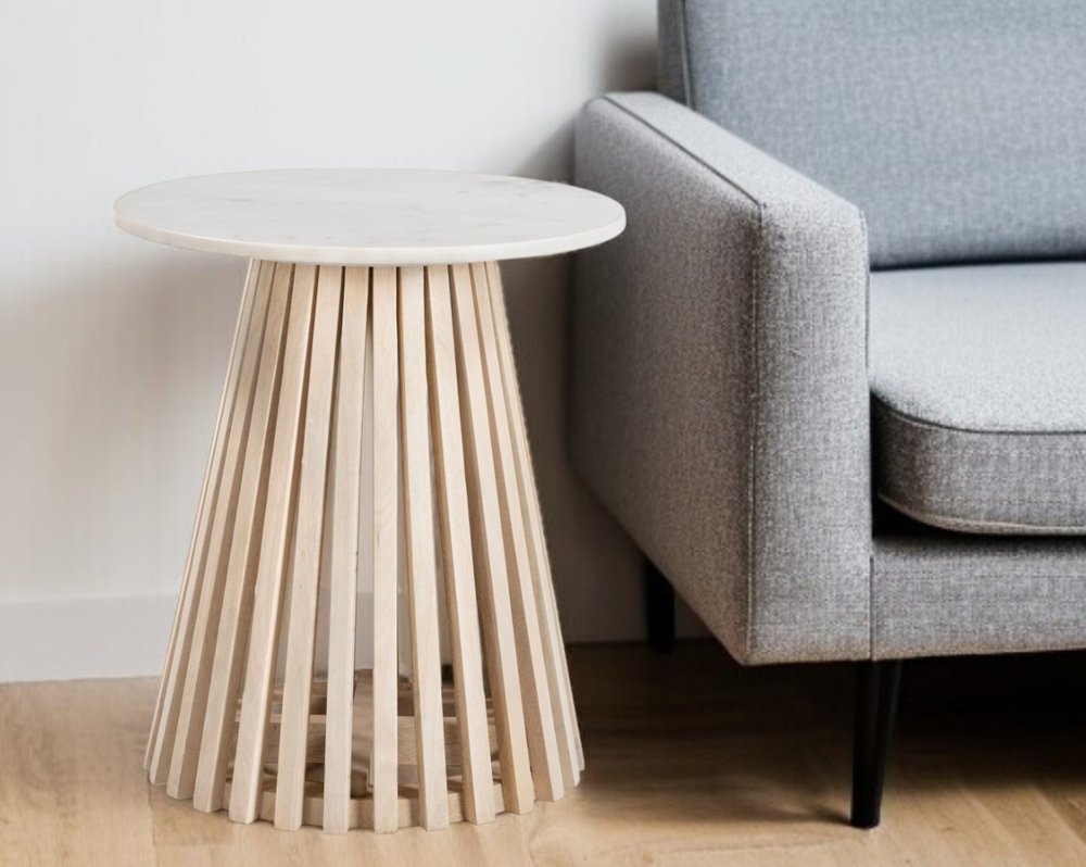 20" White and Natural Distressed Marble and Solid Wood Round Pedestal End Table