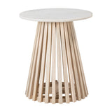 20" White and Natural Distressed Marble and Solid Wood Round Pedestal End Table