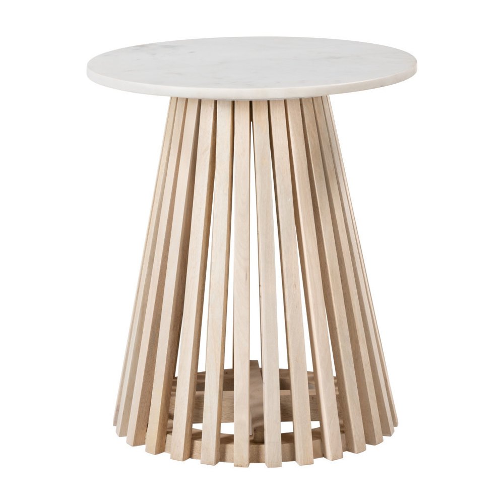 20" White and Natural Distressed Marble and Solid Wood Round Pedestal End Table