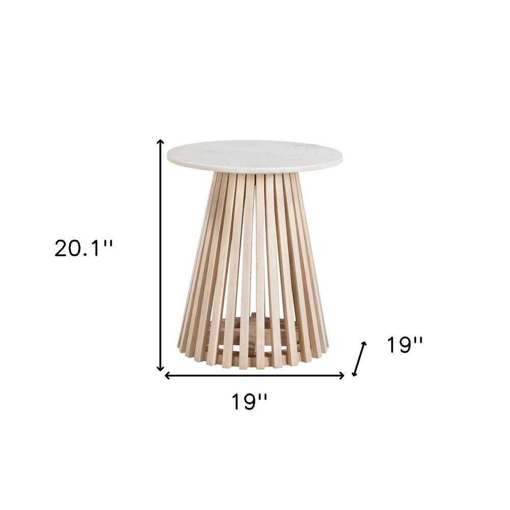 20" White and Natural Distressed Marble and Solid Wood Round Pedestal End Table
