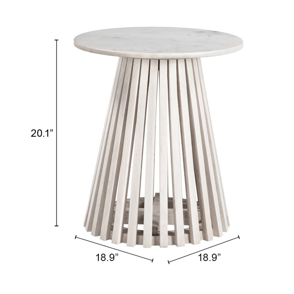 20" White and Natural Distressed Marble and Solid Wood Round Pedestal End Table