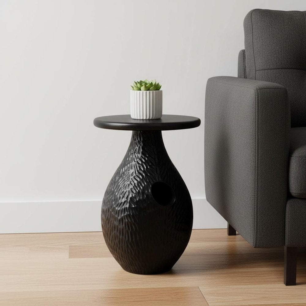 20" Black Solid Wood Round Pedestal End Table