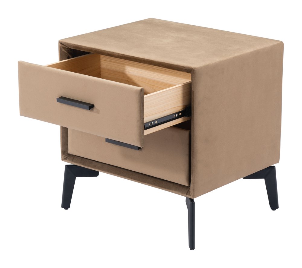 20" Brown and Black Velvet Wood and Steel End Table With Two Drawers