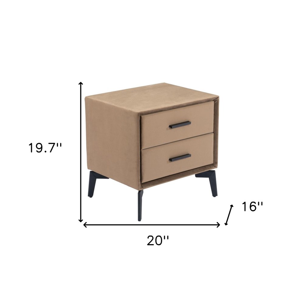 20" Brown and Black Velvet Wood and Steel End Table With Two Drawers