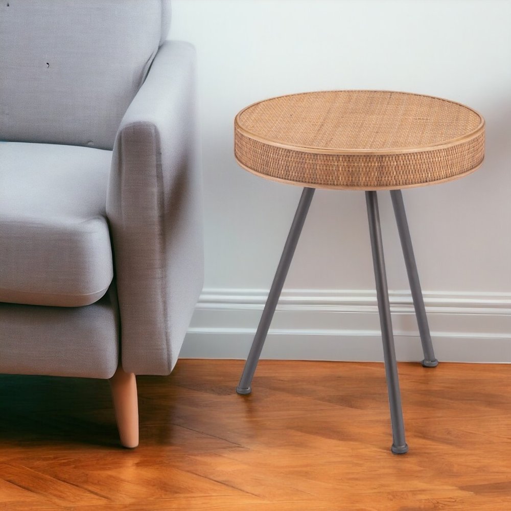 23" Natural and Gray Rattan and Steel Round End Table