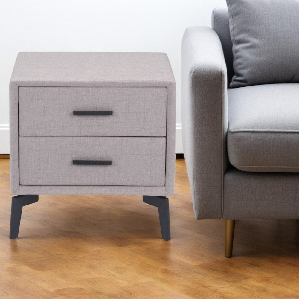 20" Gray and Black Fabric Wood and Steel End Table With Two Drawers